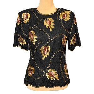 VTG 90s Stenay Beaded Top Sz.S Blak Gold Leaf Sequins Whimsigoth Fairy Formal